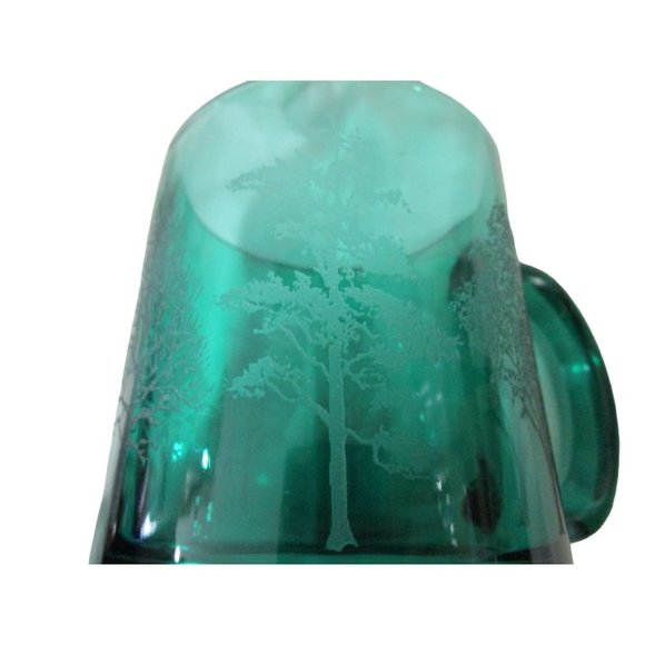 Vintage Emerald Green Glass Mug Etched Trees USA Made EUC - Picture 12 of 16